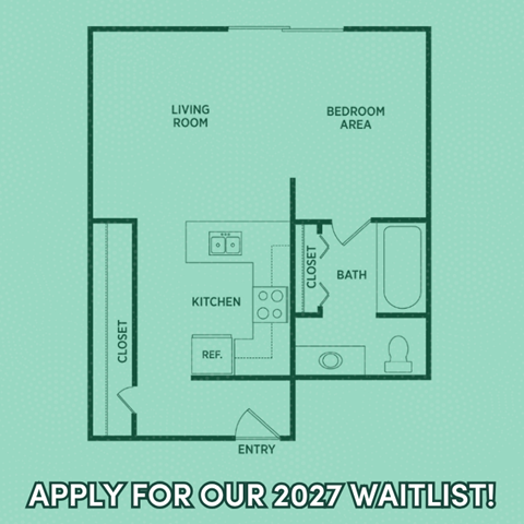 Floor plan for studio, 1 bath, 653 sqft